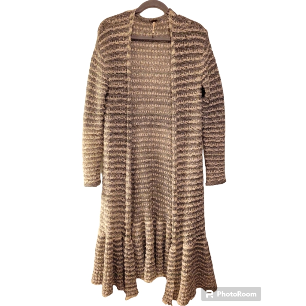 Free People Striped Long Cardigan - Brown and Cream
